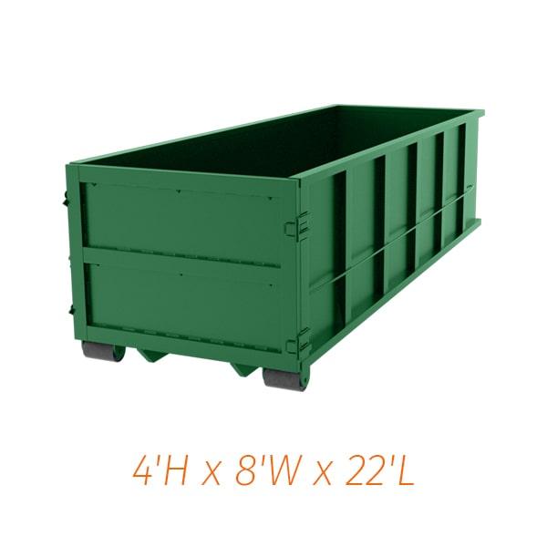 the 20 yard dumpsters have the capacity to hold up to 20 cubic yards of material with a weight limit of 3 to 4 tons